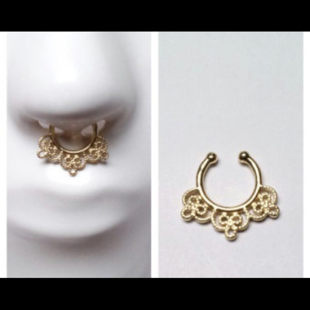 Faux Septum Ring, Gold Lace Detail.